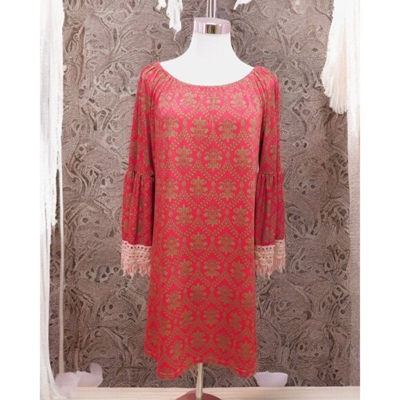 Lady's World Pink Gold Boho Dress M Damask Print Bell Sleeve Lace Trim - Picture 1 of 10